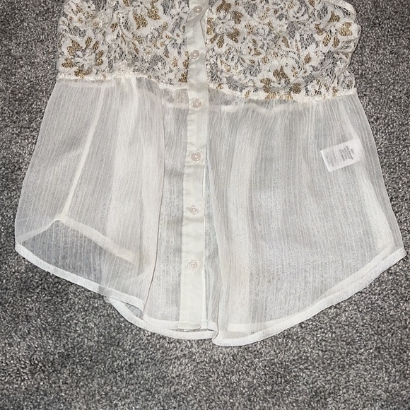 sheer top with gold and white lace button up collared top - Picture 3 of 5